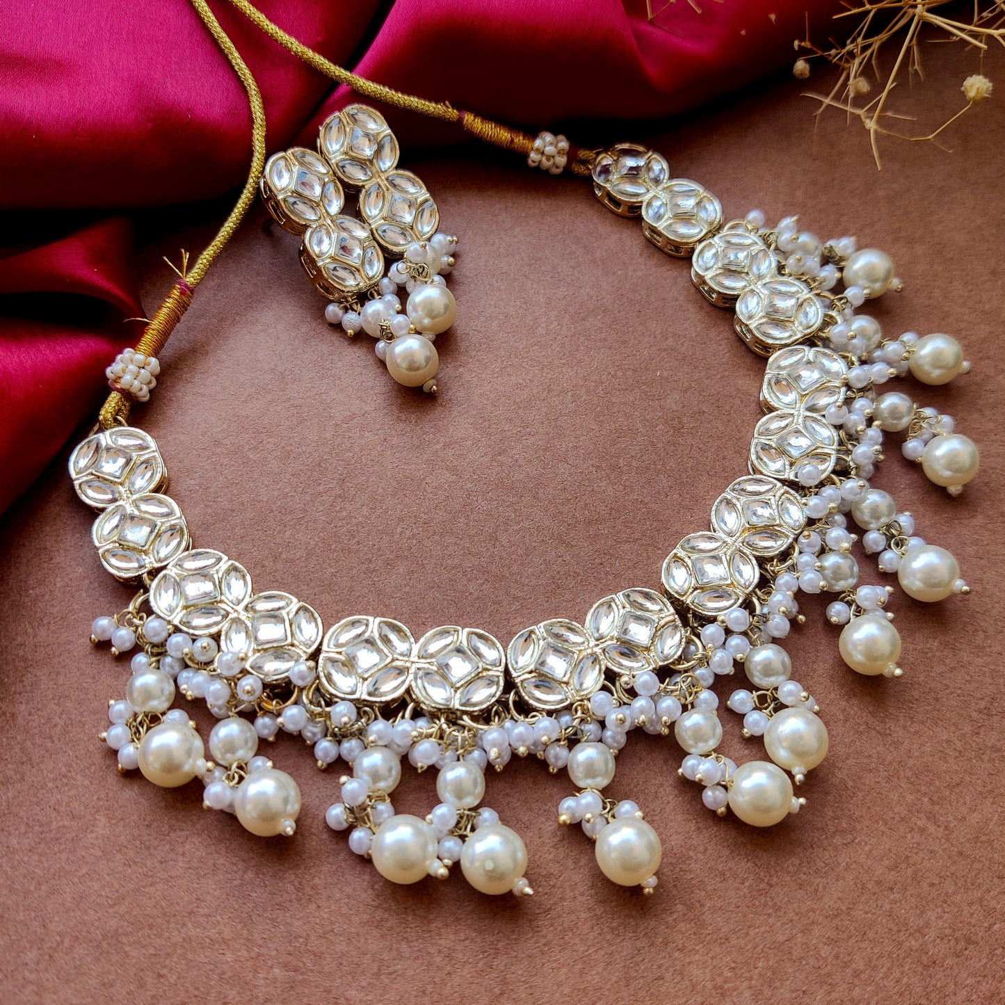 Saheen Golden Kundan Pearl Necklace Set with Earrings