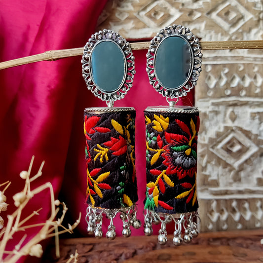 Fabric Mirror Jhumka Earrings - Black