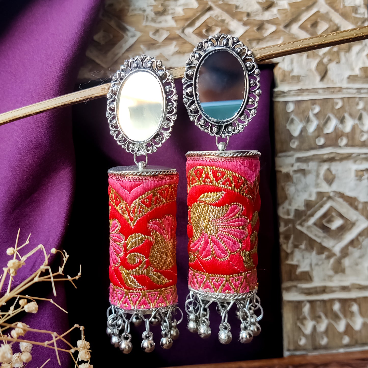Fabric Mirror Jhumka Earrings - Pink