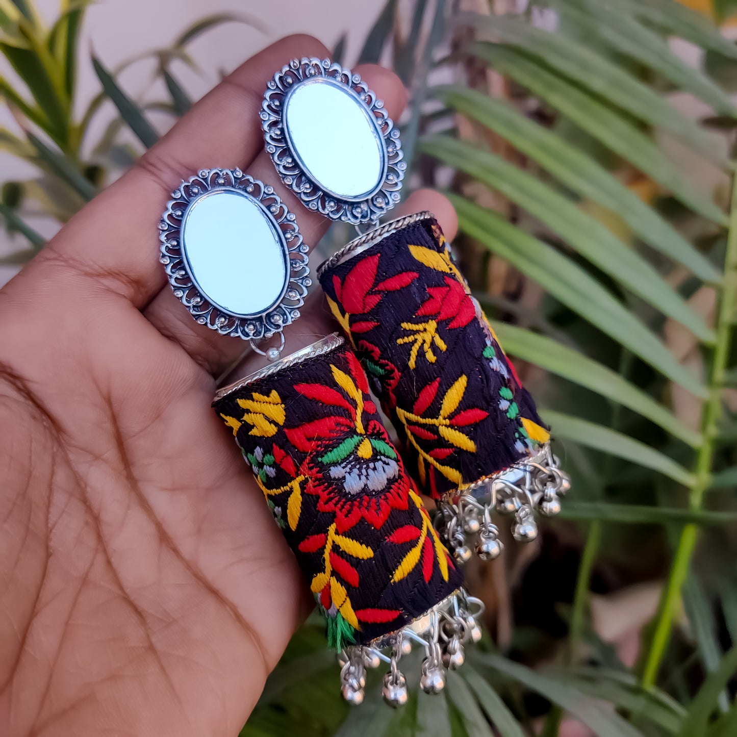 Fabric Mirror Jhumka Earrings - Black