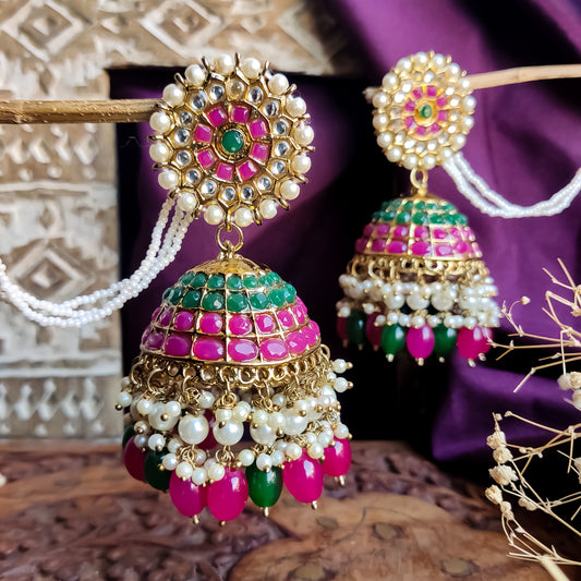 Amanat Statement Jhumka Earrings - Pink & Green