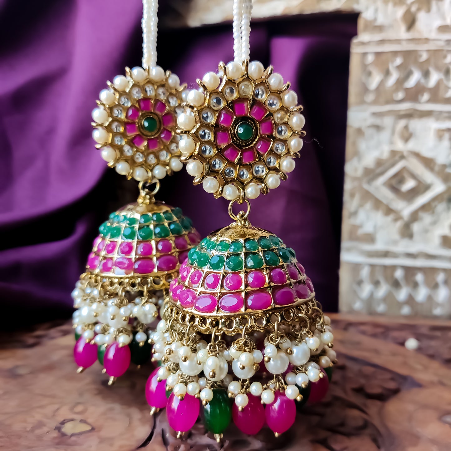 Amanat Statement Jhumka Earrings - Pink & Green