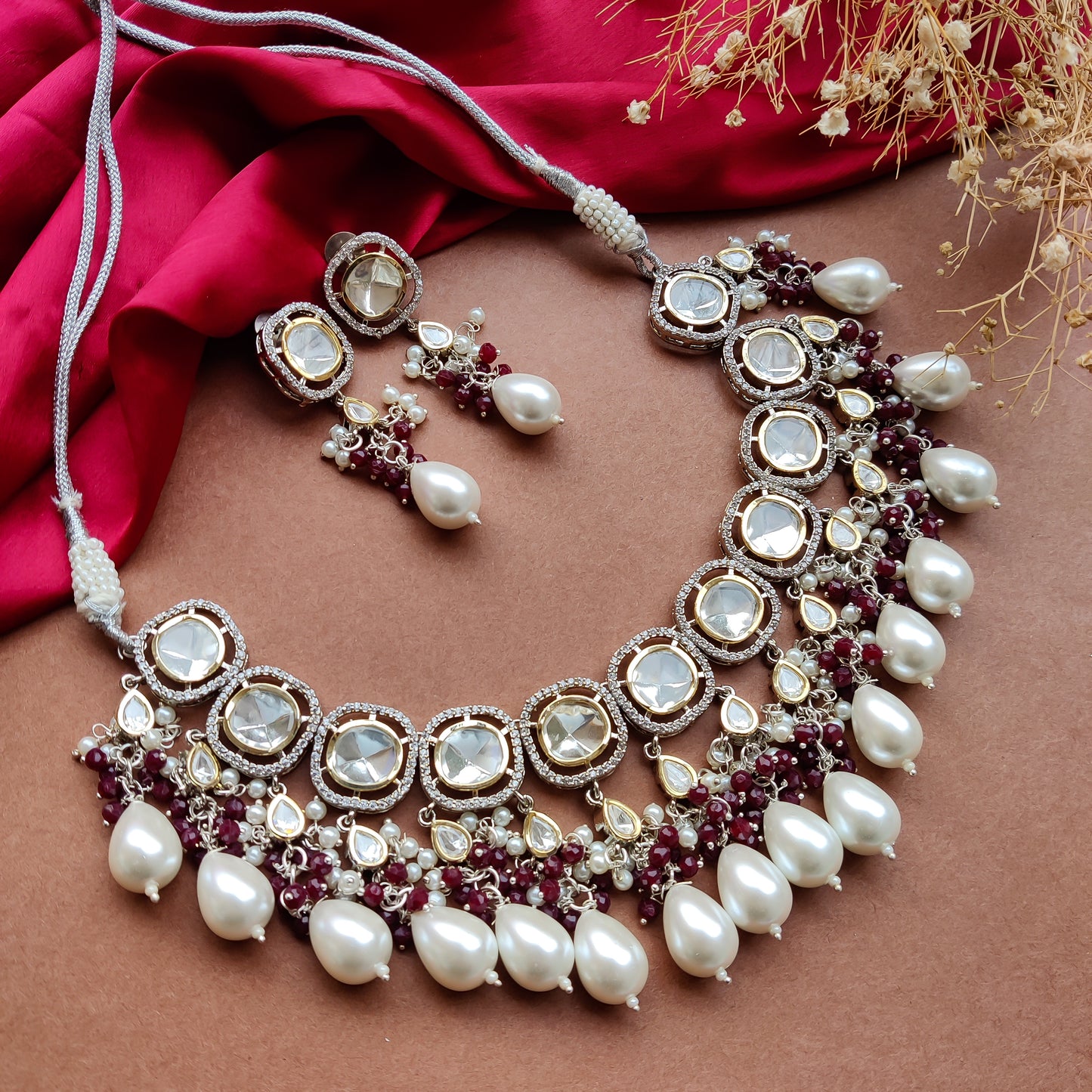 Mehtab Uncut Polki AD Crystal Necklace Set with Earrings - Maroon