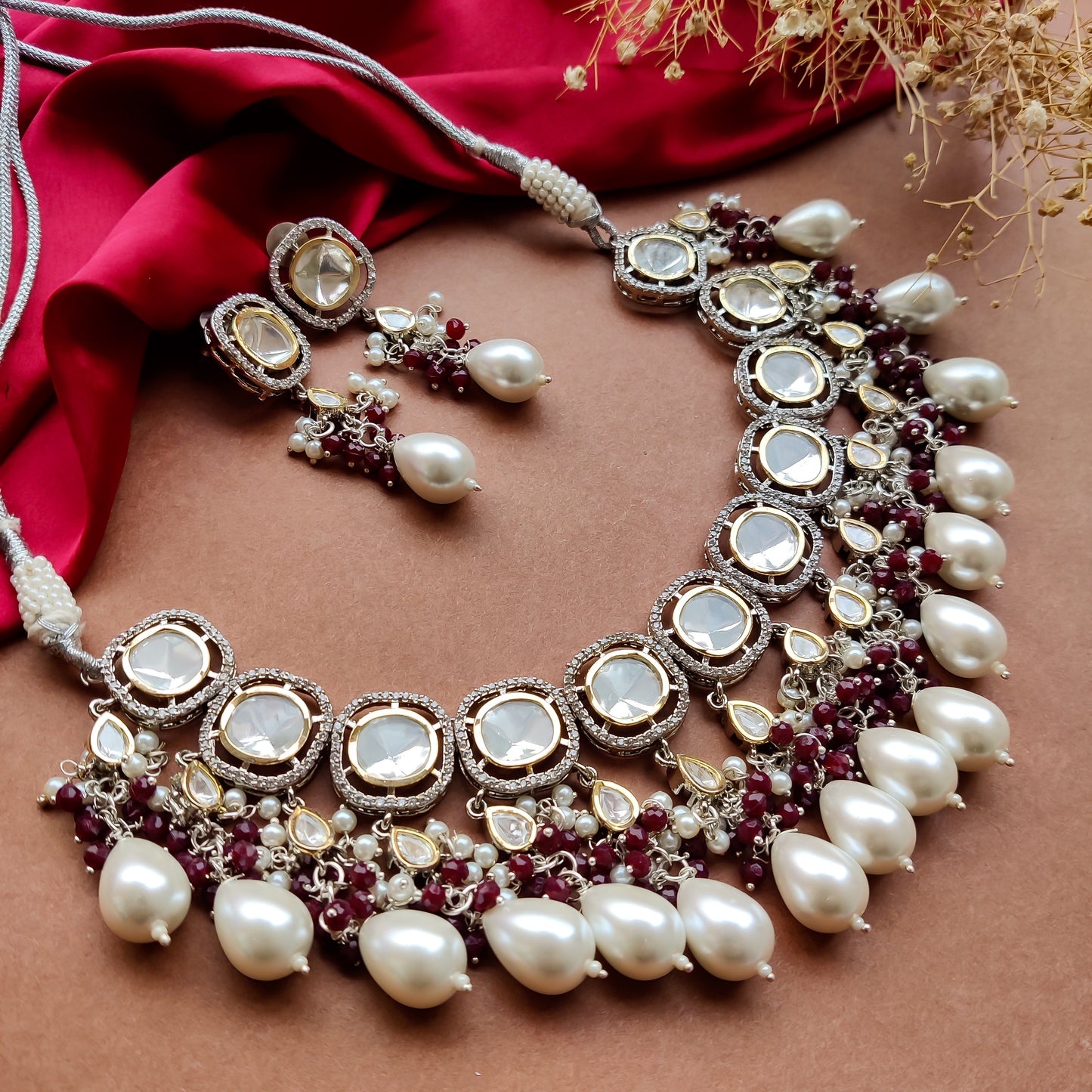 Mehtab Uncut Polki AD Crystal Necklace Set with Earrings - Maroon