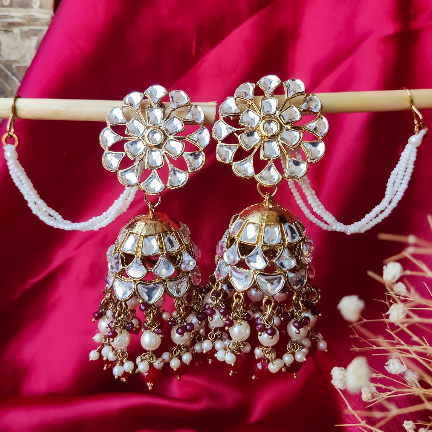 Indra Kundan Cutwork Jhumka Earrings - Red