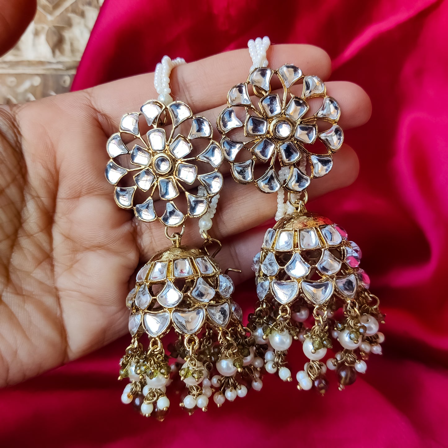 Indra Kundan Cutwork Jhumka Earrings - Mehendi Green