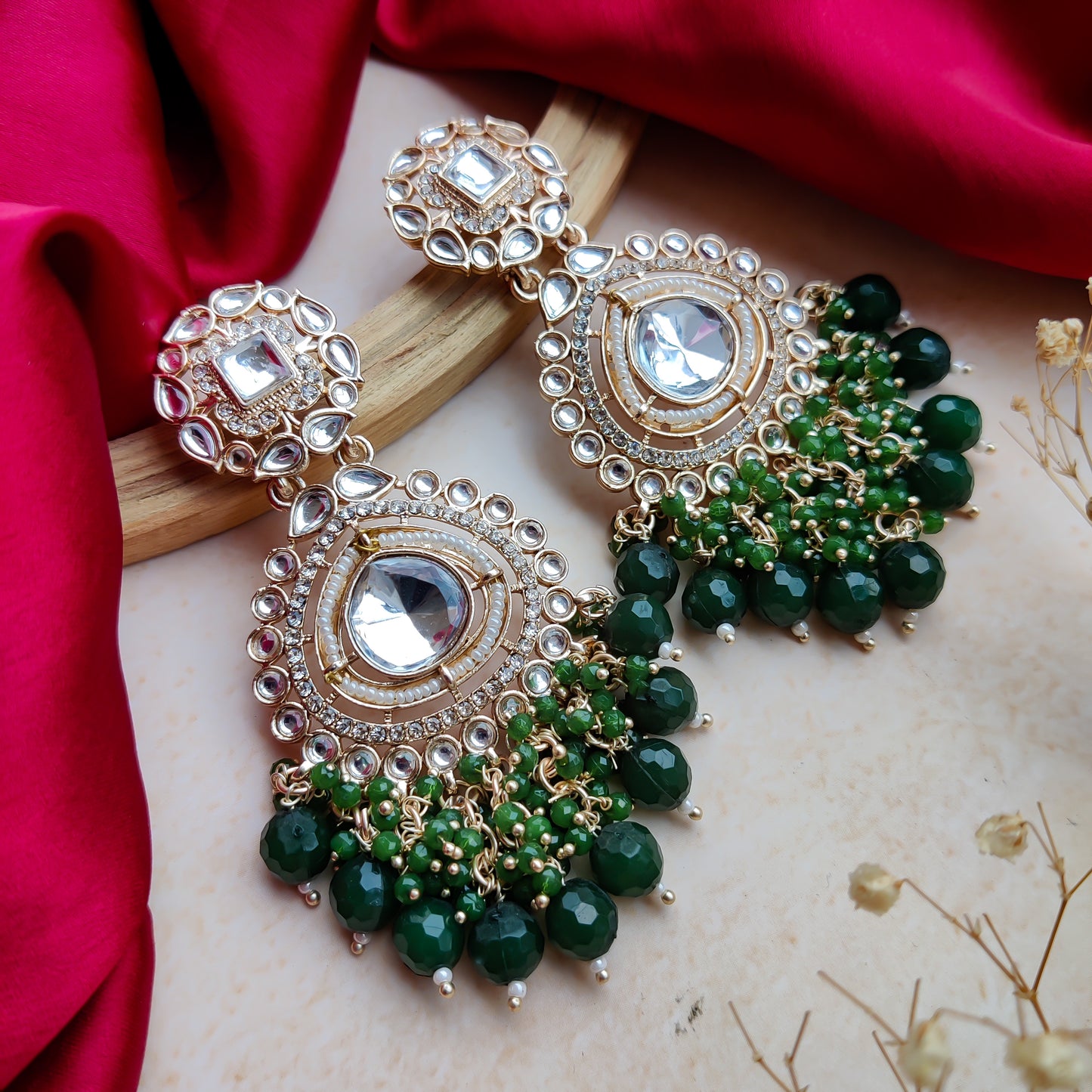 Riwayat Polki Chandbali Earrings - Emarald Green