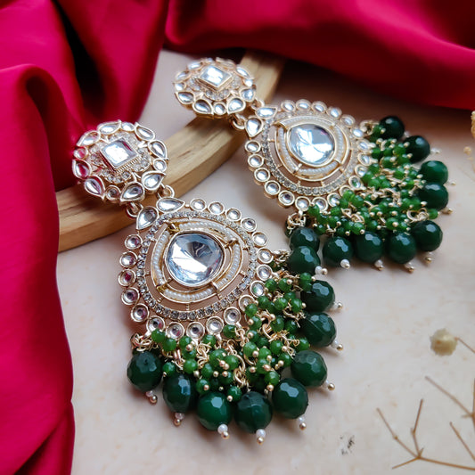 Riwayat Polki Chandbali Earrings - Emarald Green