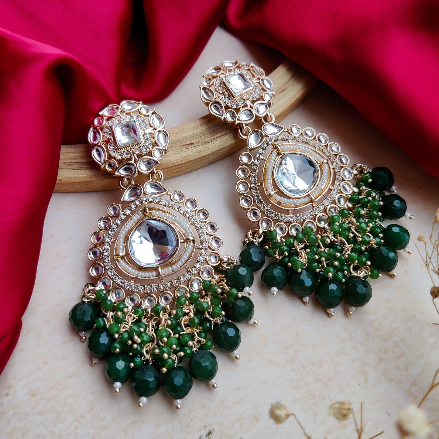Riwayat Polki Chandbali Earrings - Emarald Green