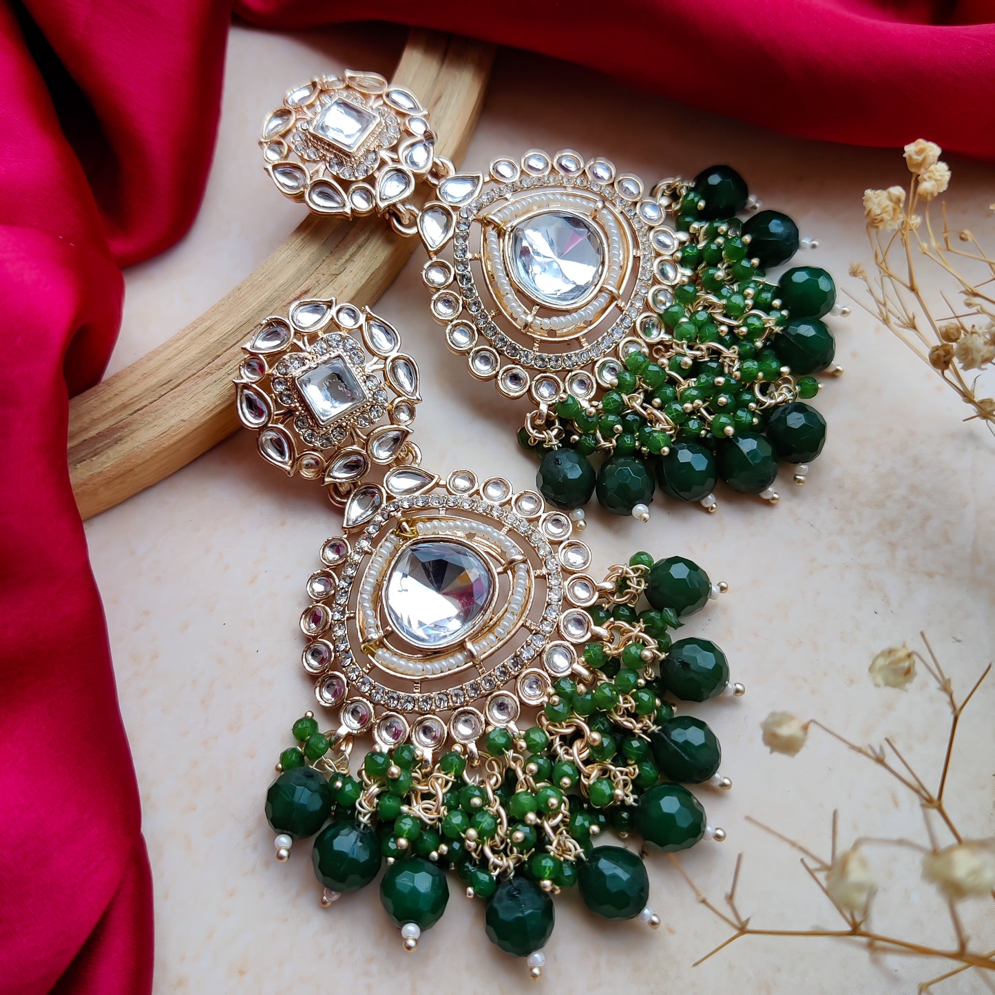 Riwayat Polki Chandbali Earrings - Emarald Green