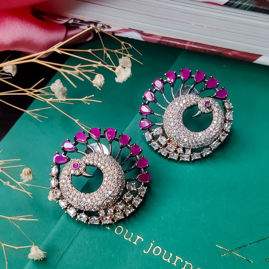 Round Peacock AD Stud Earrings - Pink