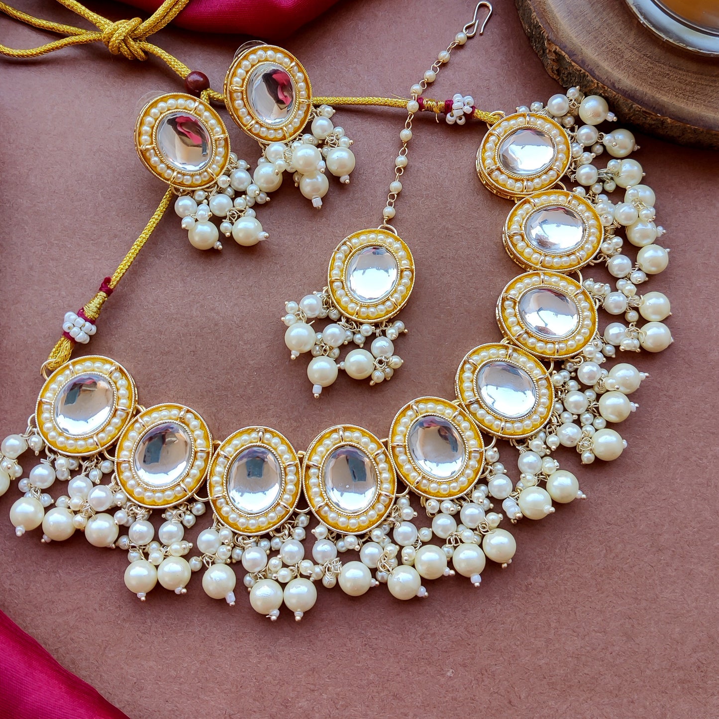 Saugaat Kundan Pearl Necklace Set with Earrings & Tika - Golden