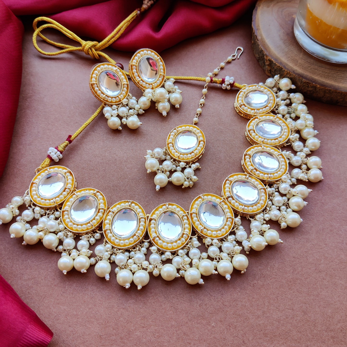 Saugaat Kundan Pearl Necklace Set with Earrings & Tika - Golden