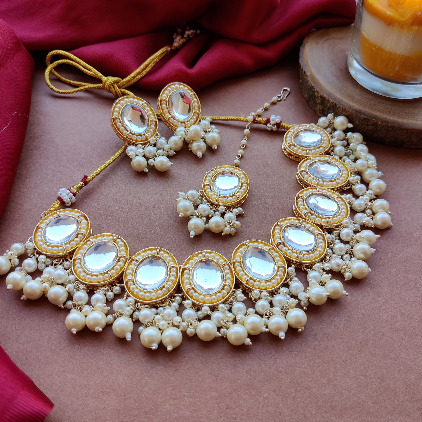 Saugaat Kundan Pearl Necklace Set with Earrings & Tika - Golden