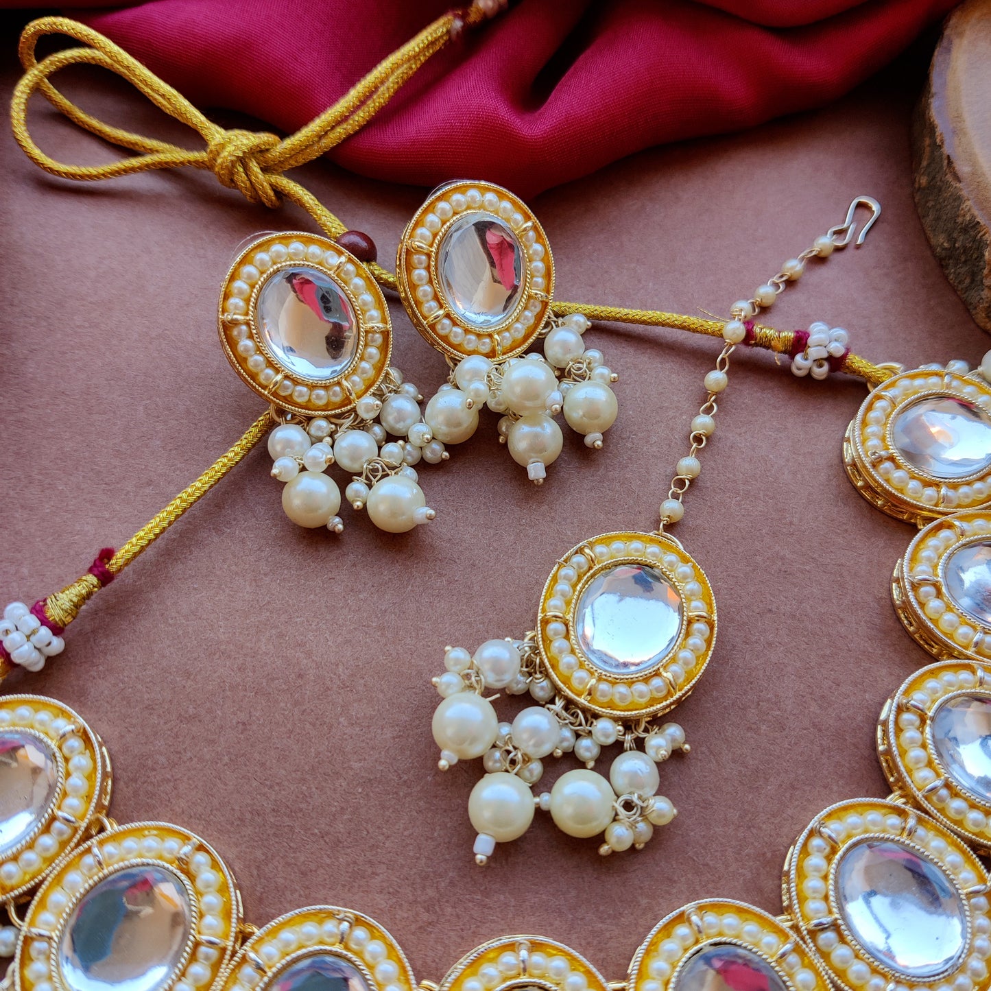 Saugaat Kundan Pearl Necklace Set with Earrings & Tika - Golden