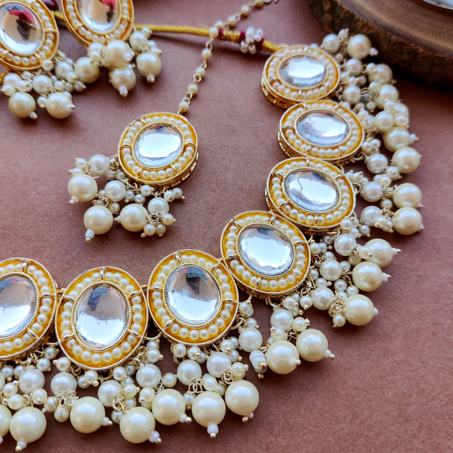 Saugaat Kundan Pearl Necklace Set with Earrings & Tika - Golden