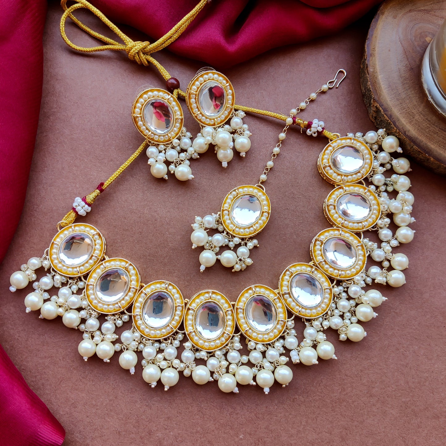 Saugaat Kundan Pearl Necklace Set with Earrings & Tika - Golden