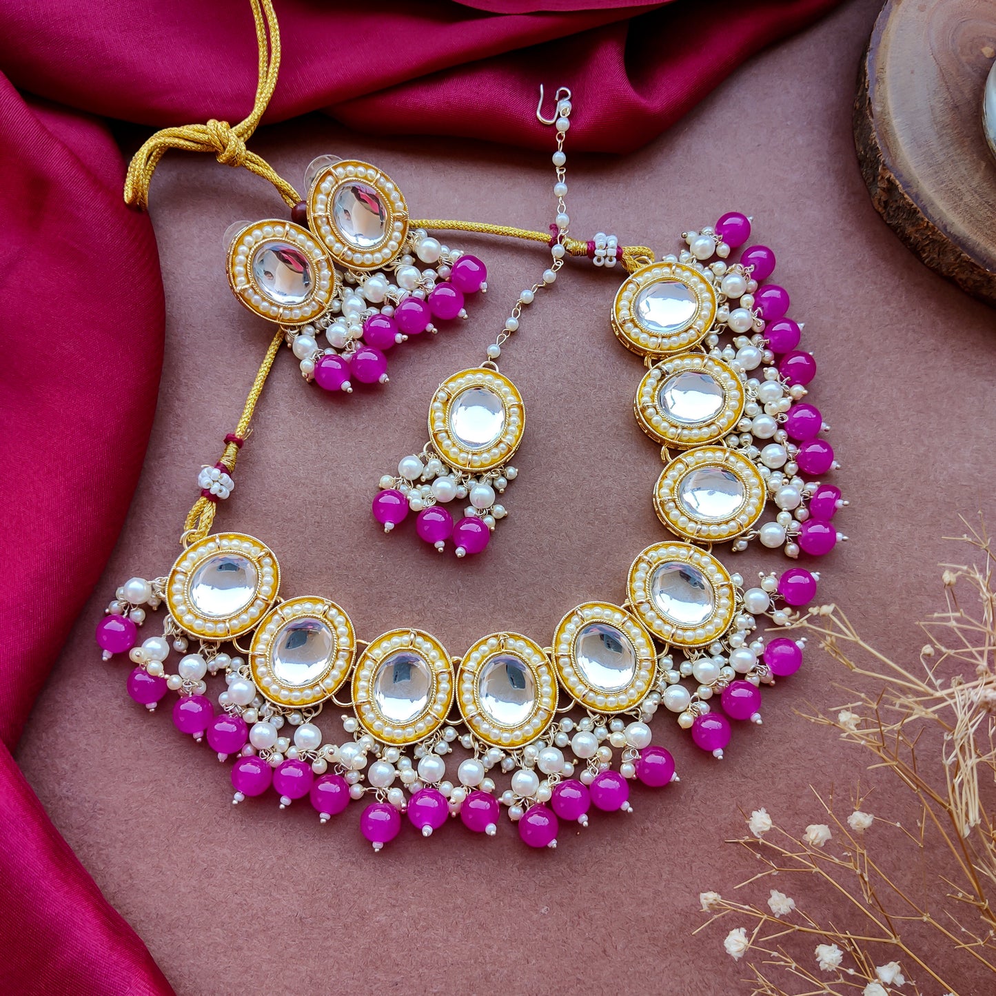 Saugaat Kundan Pearl Necklace Set with Earrings & Tika - Pink