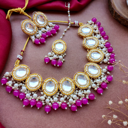 Saugaat Kundan Pearl Necklace Set with Earrings & Tika - Pink