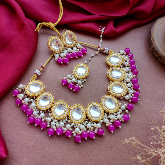 Saugaat Kundan Pearl Necklace Set with Earrings & Tika - Pink