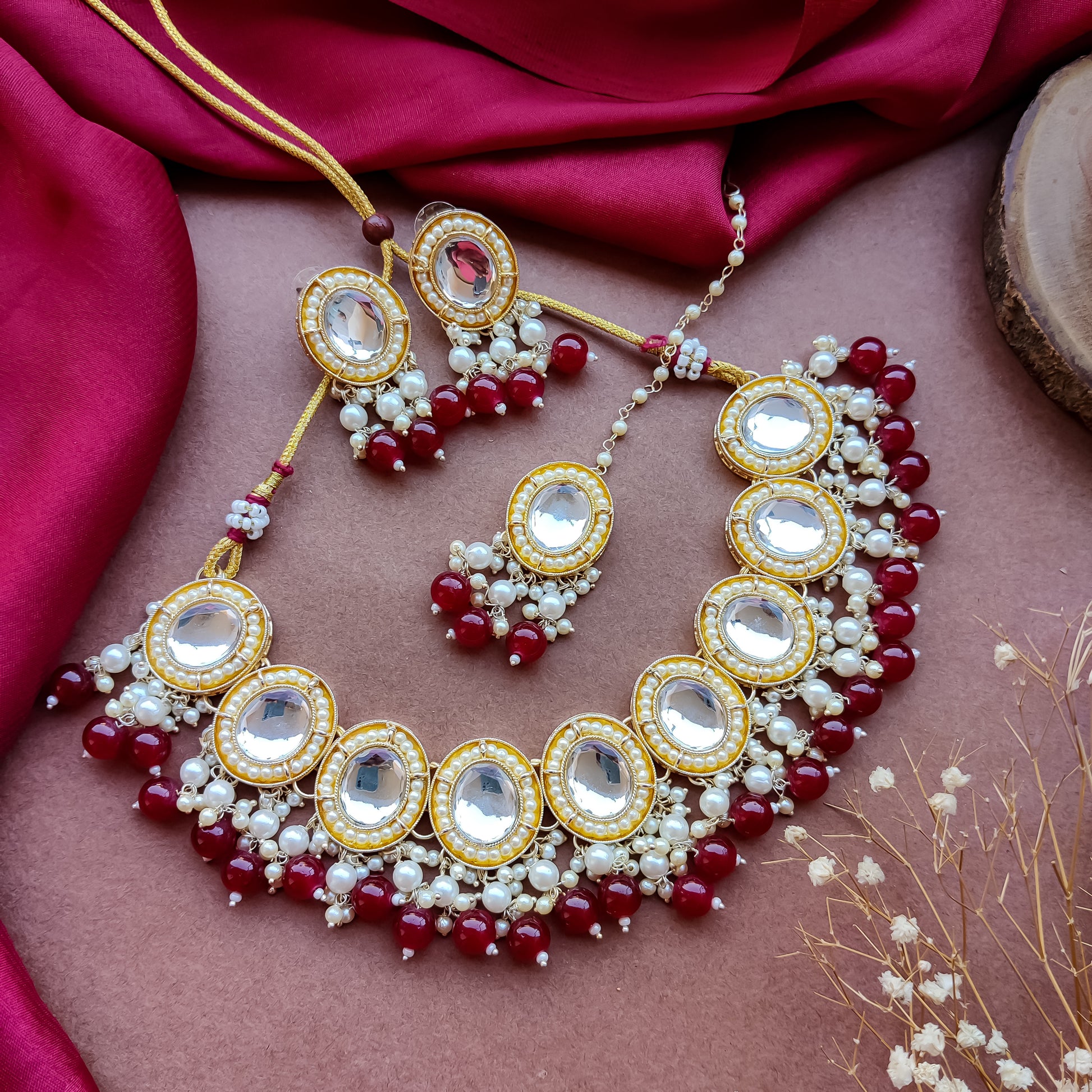 Saugaat Kundan Pearl Necklace Set with Earrings Tika Maroon