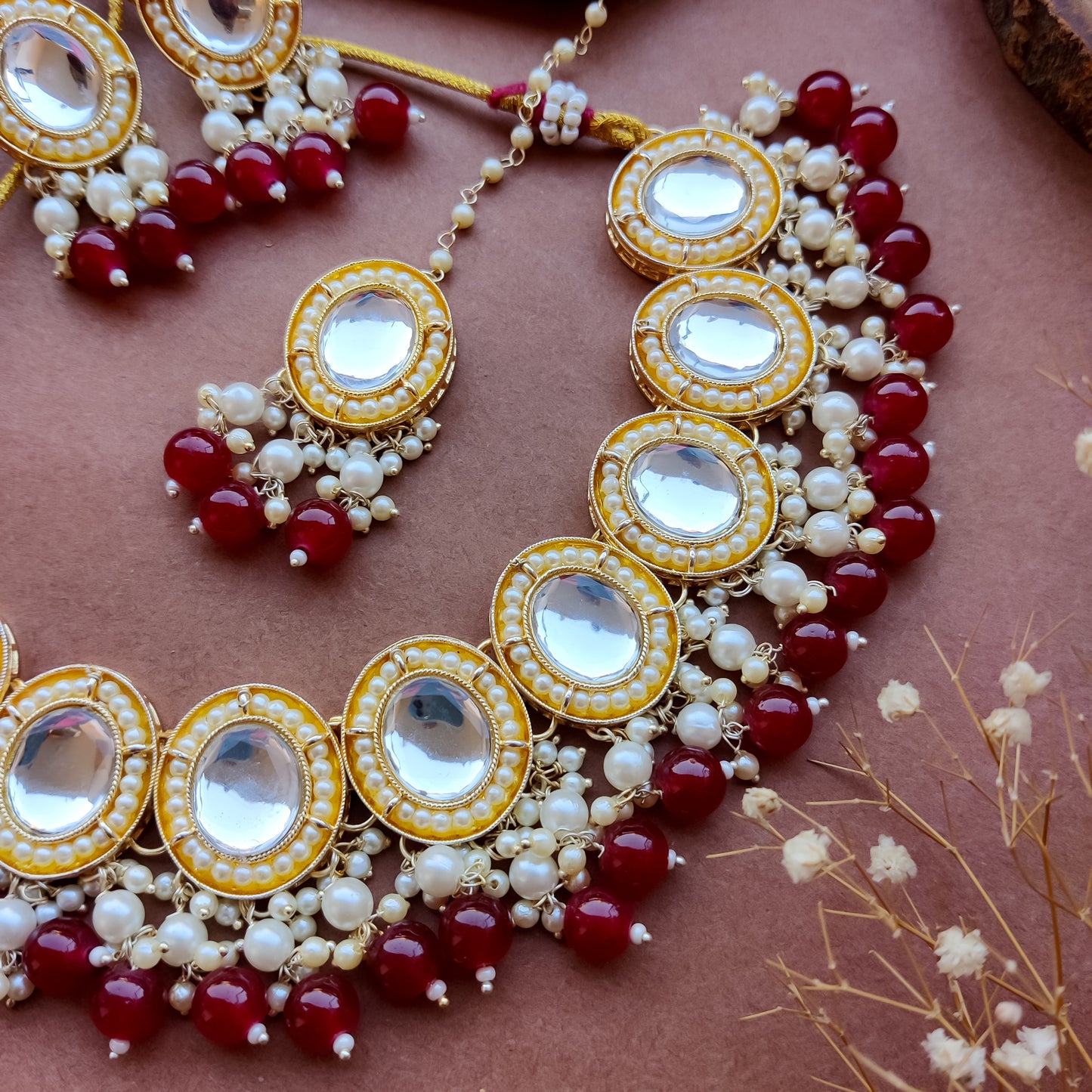 Saugaat Kundan Pearl Necklace Set with Earrings & Tika - Maroon