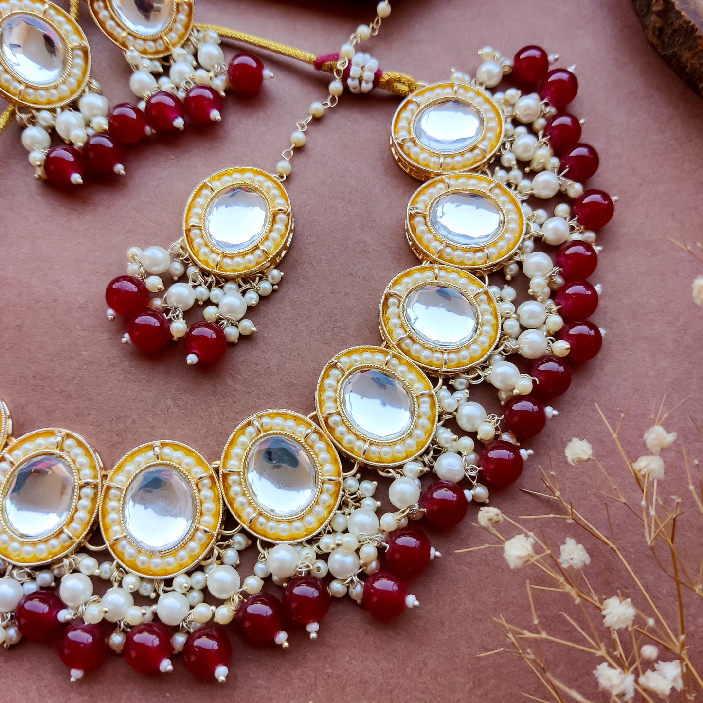 Saugaat Kundan Pearl Necklace Set with Earrings & Tika - Maroon