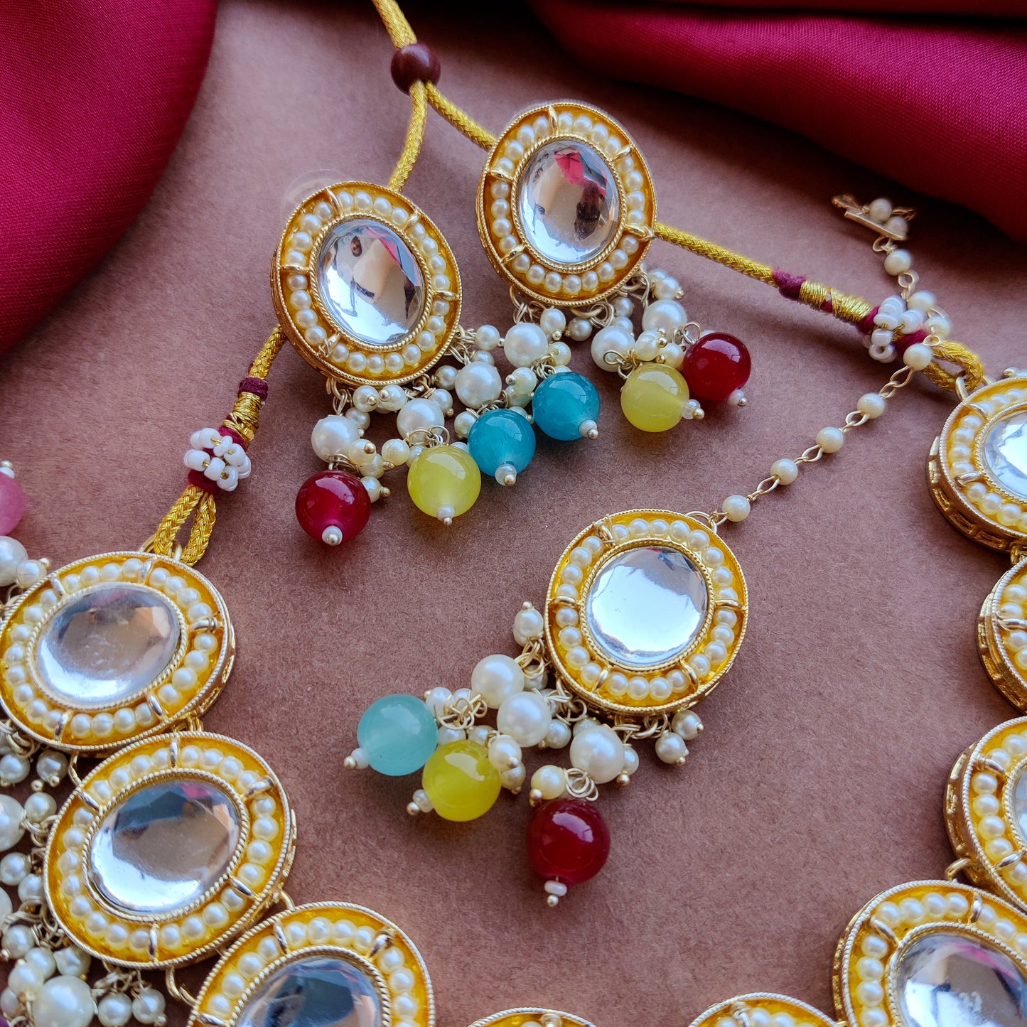 Saugaat Kundan Pearl Necklace Set with Earrings & Tika - Multi
