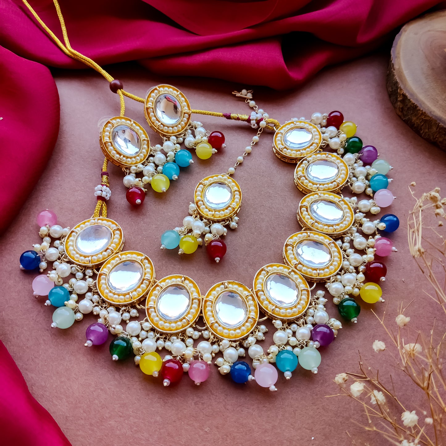 Saugaat Kundan Pearl Necklace Set with Earrings & Tika - Multi