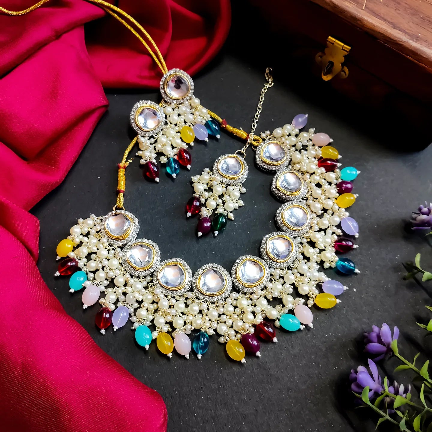 HARLEEN KUNDAN NECKLACE SET - MULTI