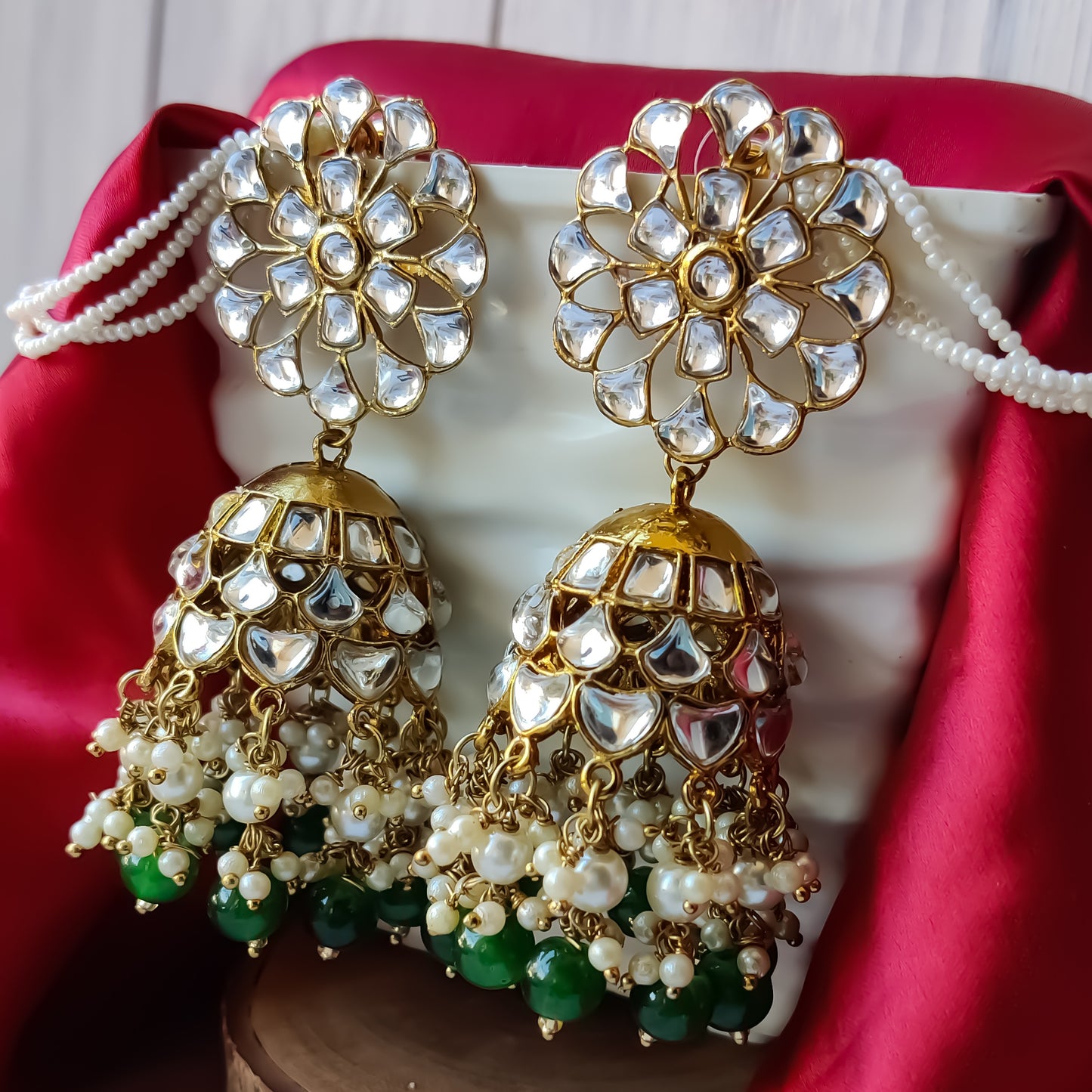 Indra Kundan Cutwork Jhumka Earrings - Green