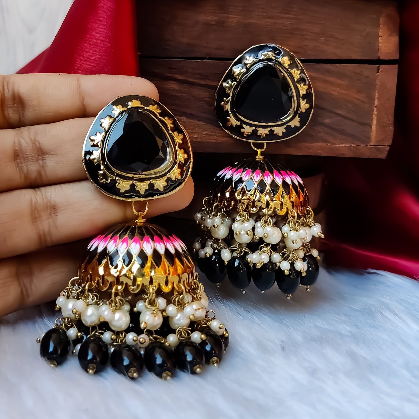 Inayat Meenakari Jhumka Earrings - Black