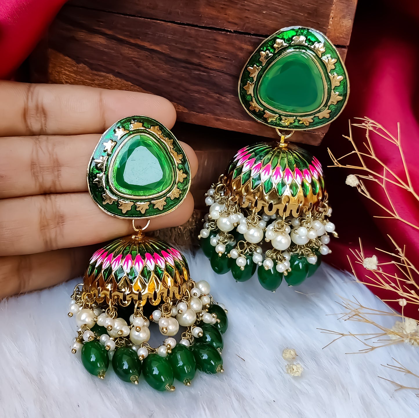 Inayat Meenakari Jhumka Earrings - Green