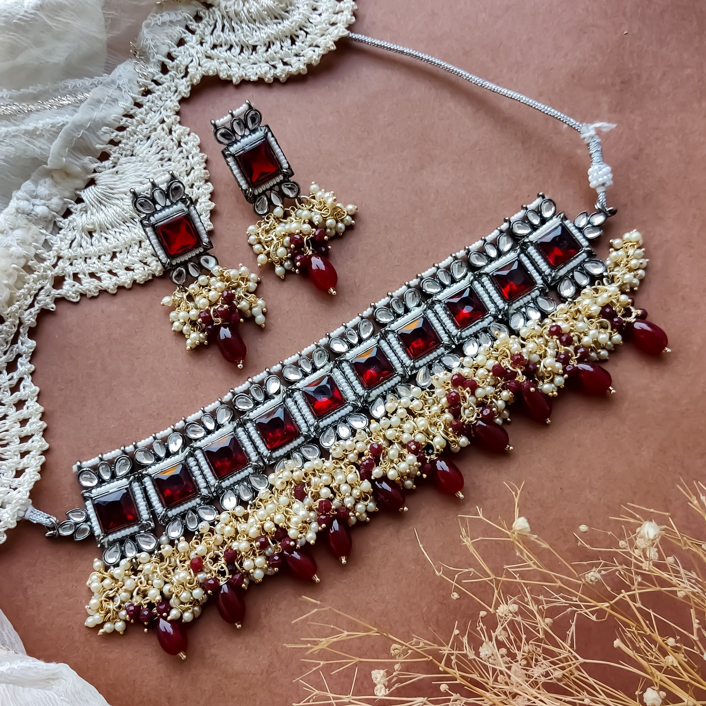 Ruksana Mogra Necklace Set with Earrings - Maroon