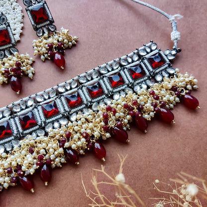 Ruksana Mogra Necklace Set with Earrings - Maroon