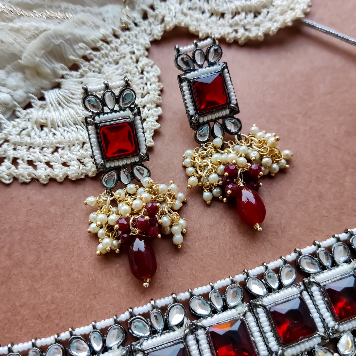 Ruksana Mogra Necklace Set with Earrings - Maroon