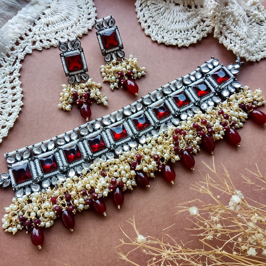 Ruksana Mogra Necklace Set with Earrings - Maroon