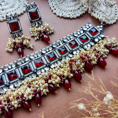 Ruksana Mogra Necklace Set with Earrings - Maroon