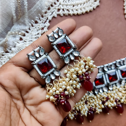 Ruksana Mogra Necklace Set with Earrings - Maroon