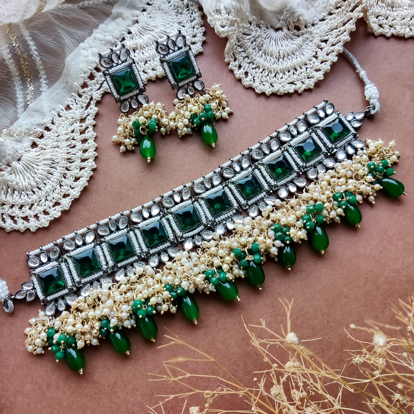 Ruksana Mogra Necklace Set with Earrings - Emarald Green