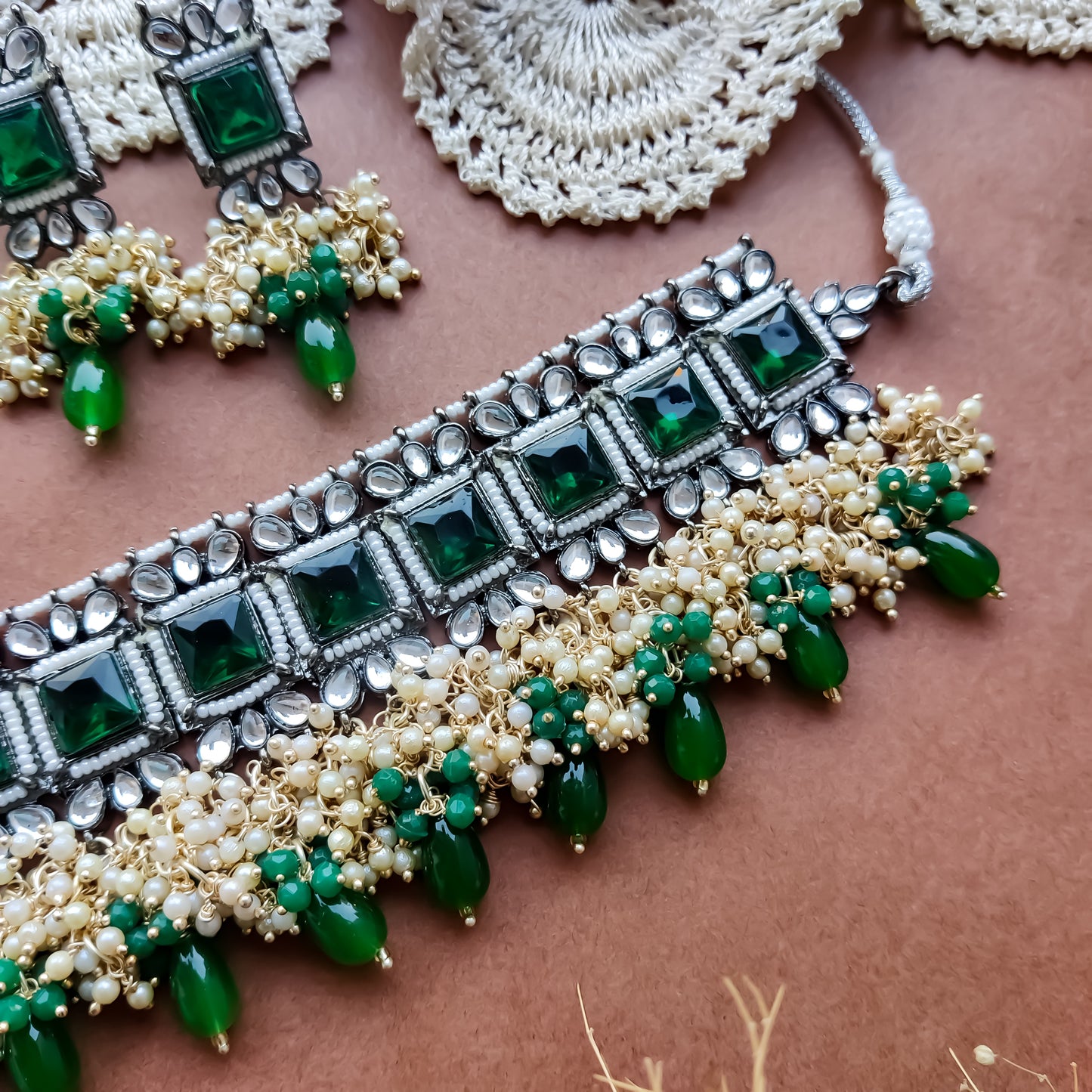 Ruksana Mogra Necklace Set with Earrings - Emarald Green