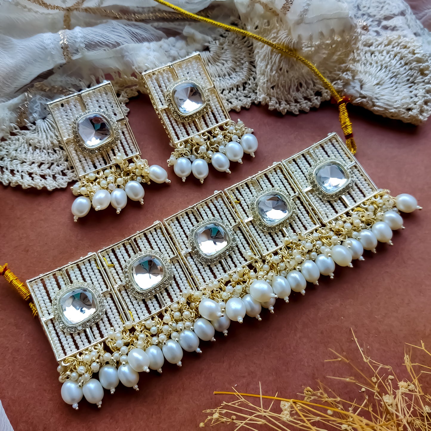 Avanti Pearl Golden Necklace Set with Earrings