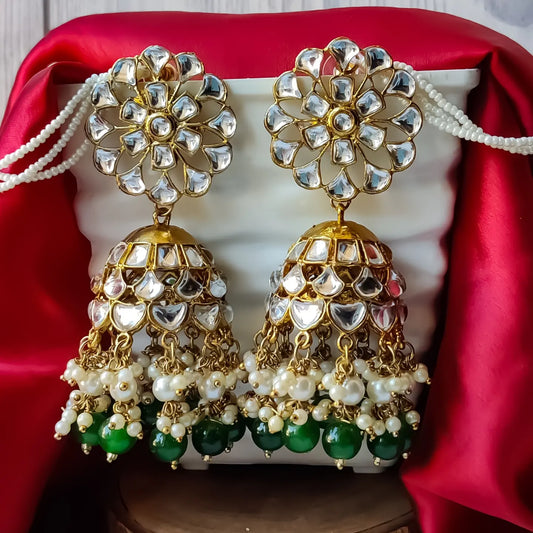 Indra Kundan Cutwork Jhumka Earrings - Green