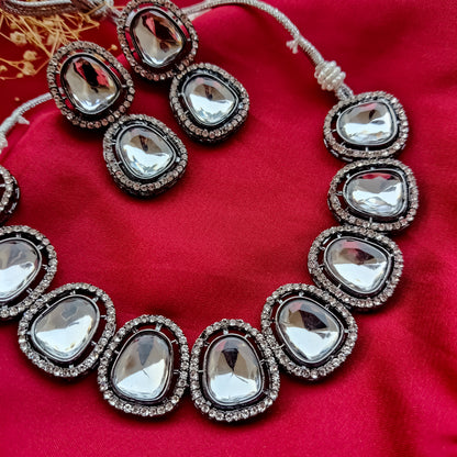 Black Metal Polki Look Alike Necklace Set with Earrings