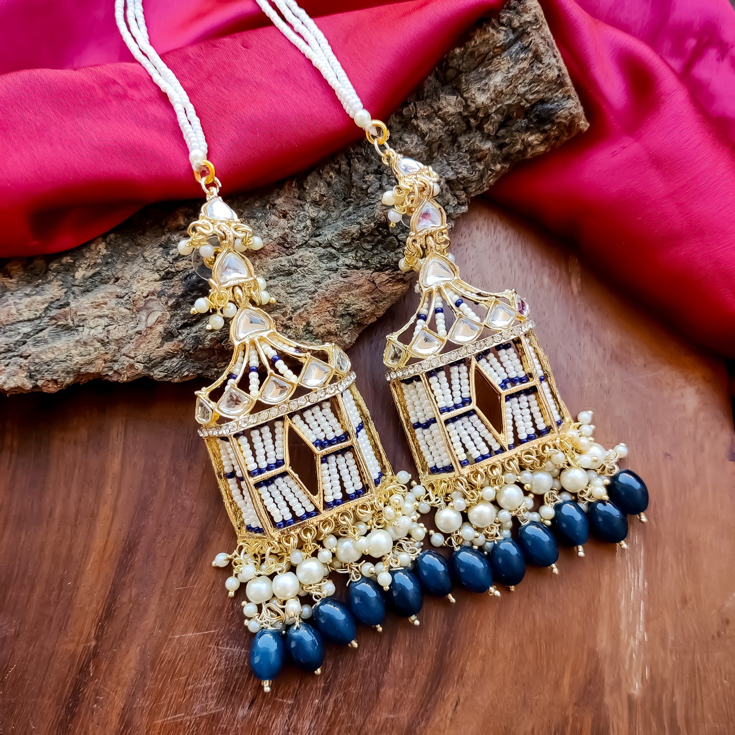 Jharokha Kundan Earrings with Sahara / Earchain - Peacock Blue