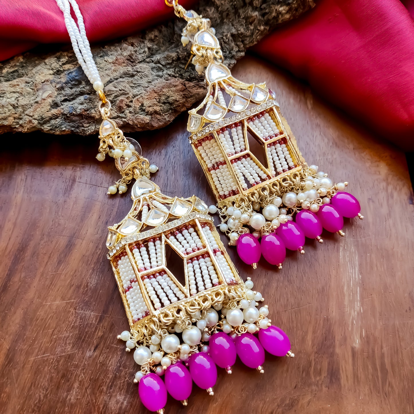 Jharokha Kundan Earrings with Sahara / Earchain - Pink