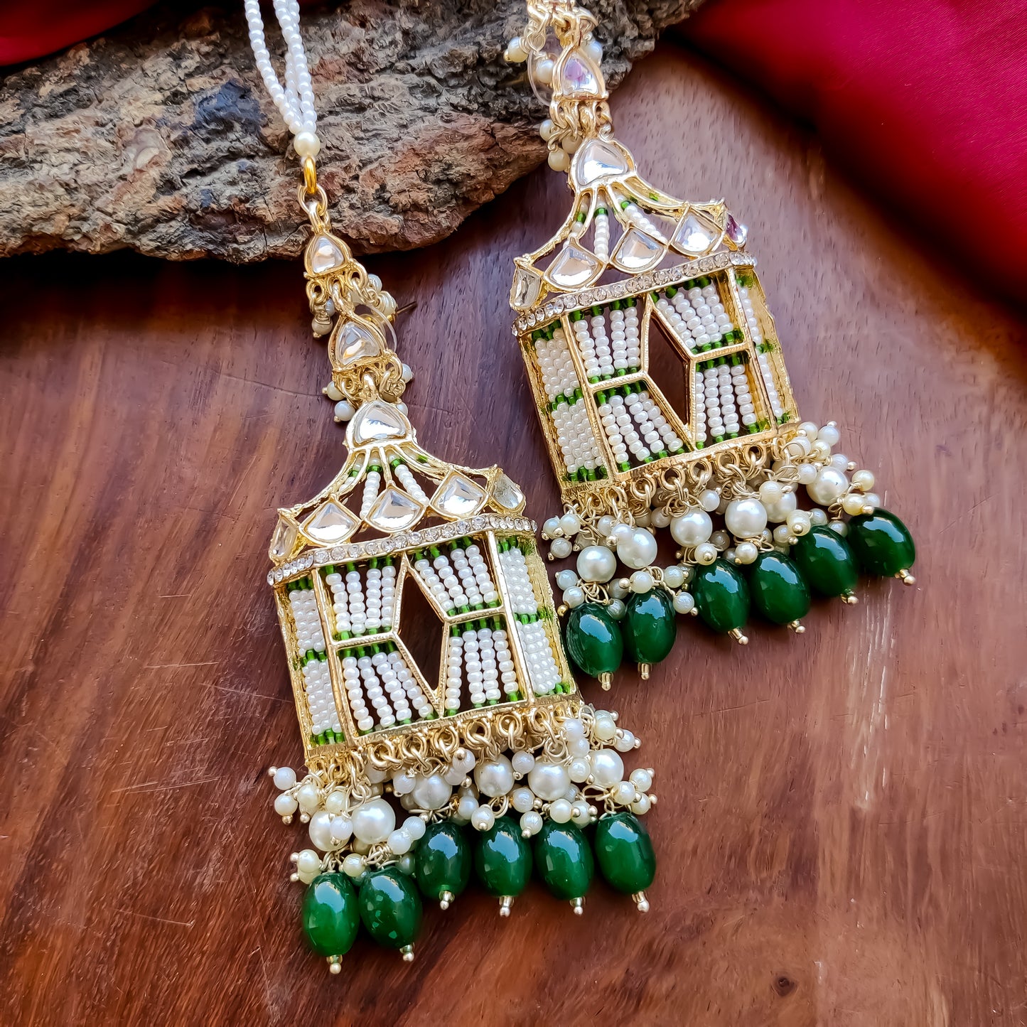 Jharokha Kundan Earrings with Sahara / Earchain - Green