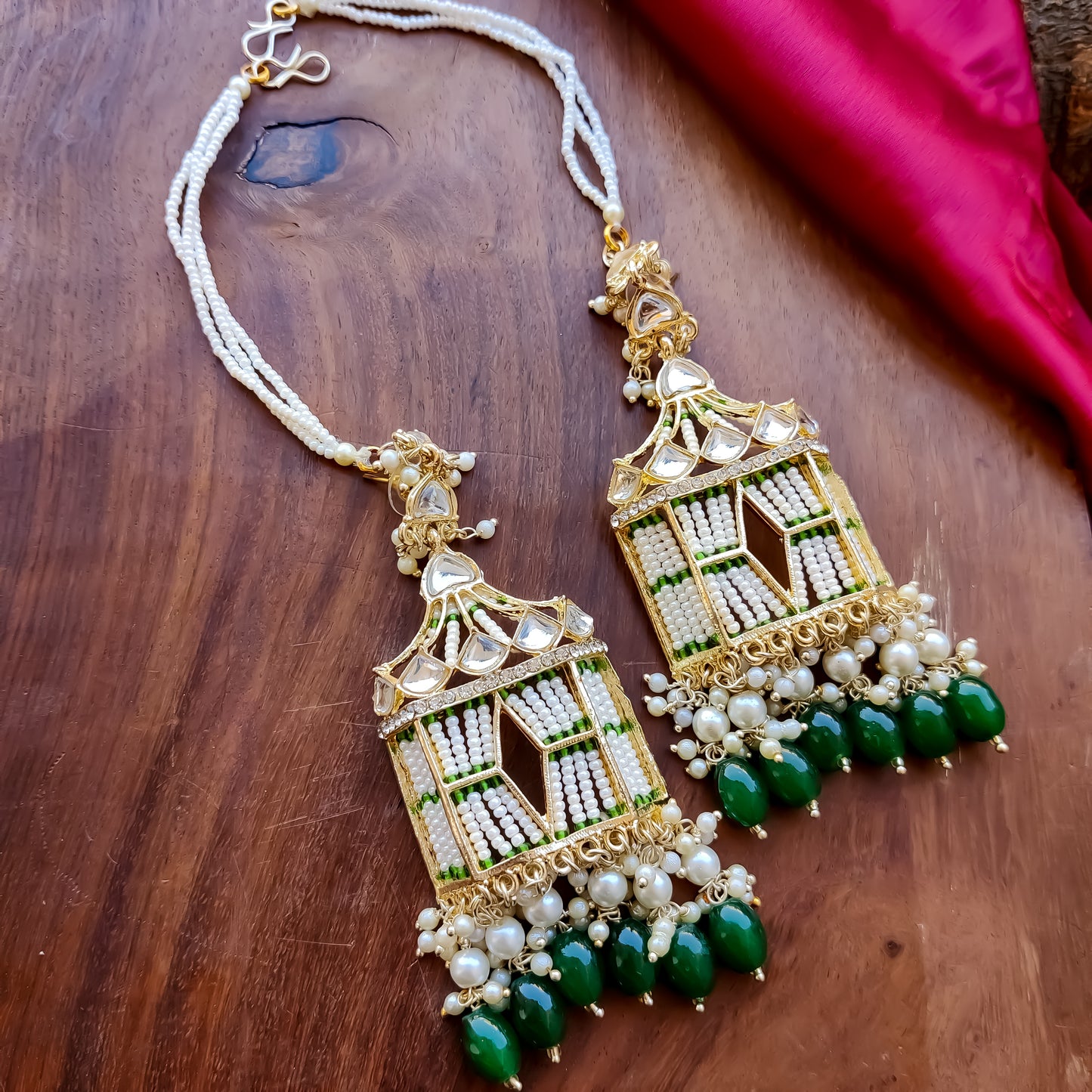 Jharokha Kundan Earrings with Sahara / Earchain - Green