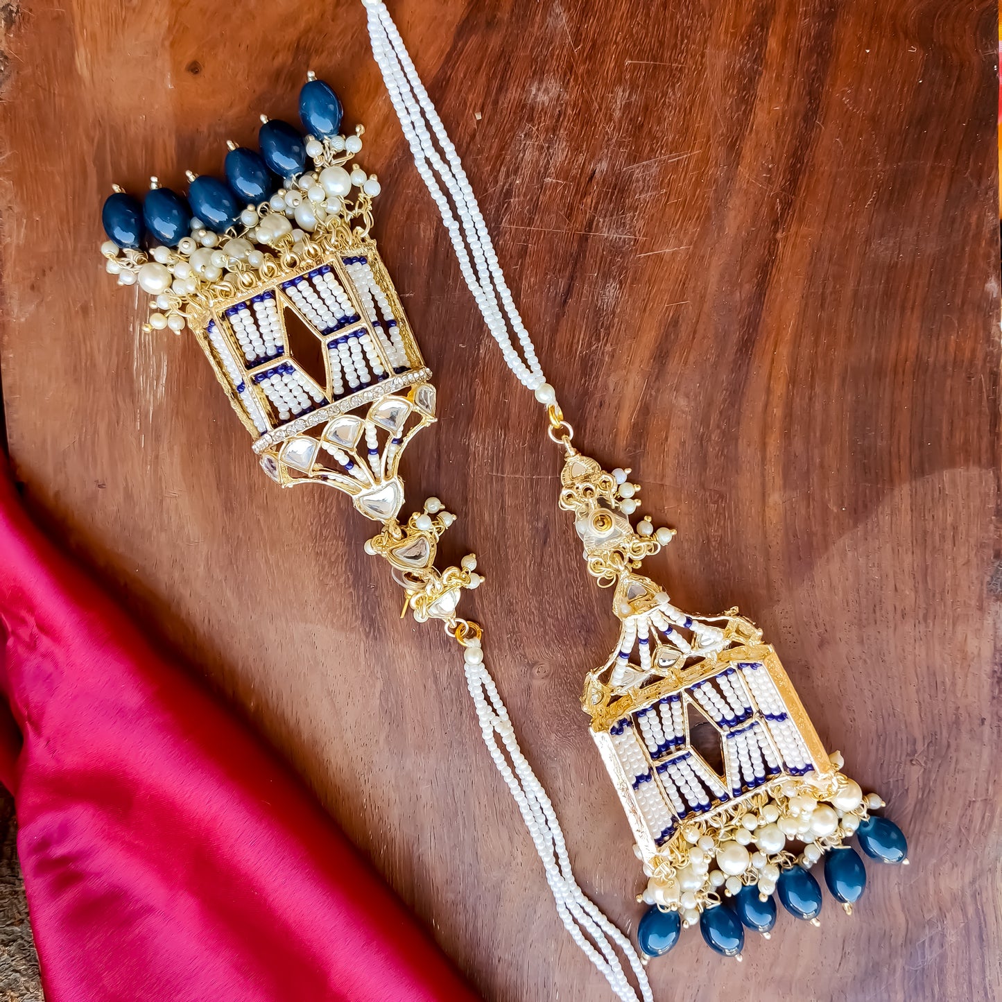 Jharokha Kundan Earrings with Sahara / Earchain - Peacock Blue