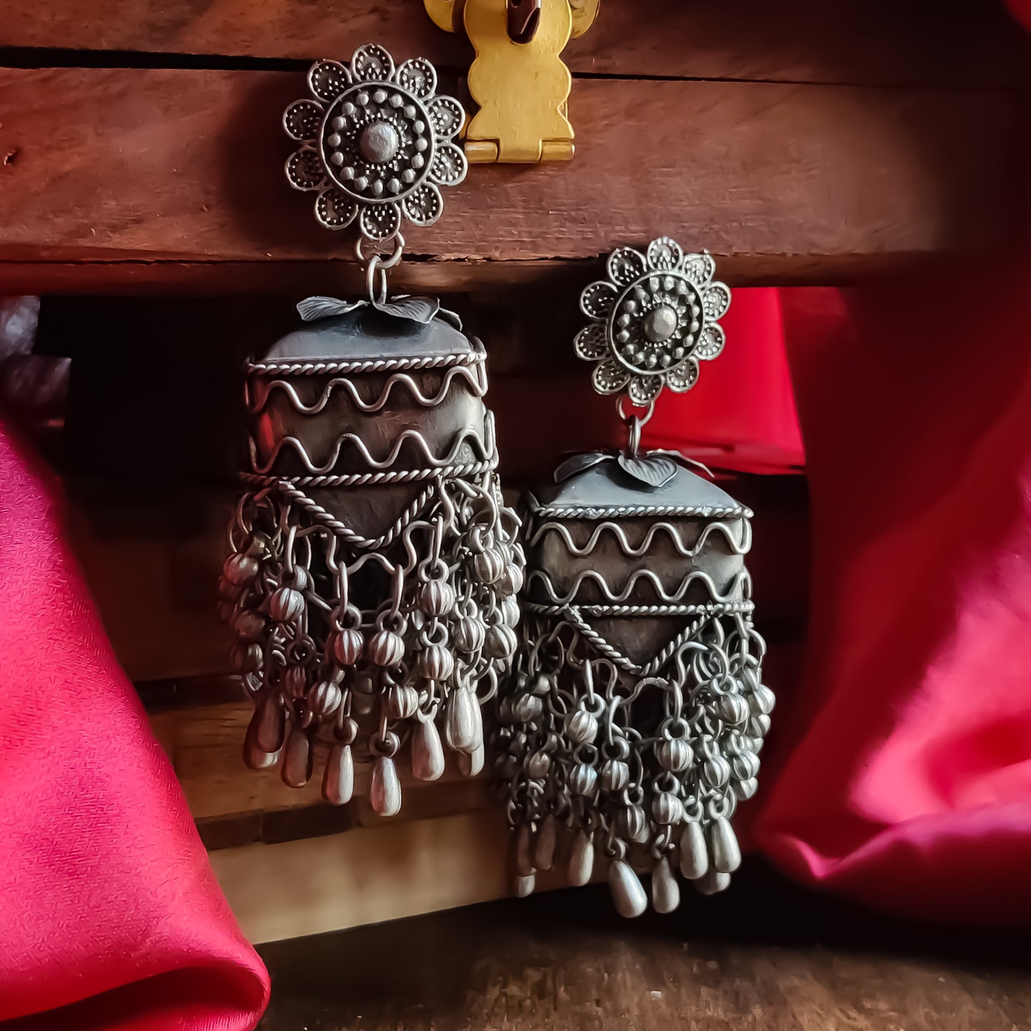 Joshna Black Metal Square Jhumka Earrings